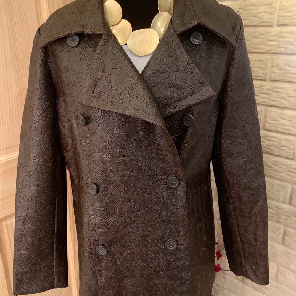 Vintage women's faux leather coat floral stitching